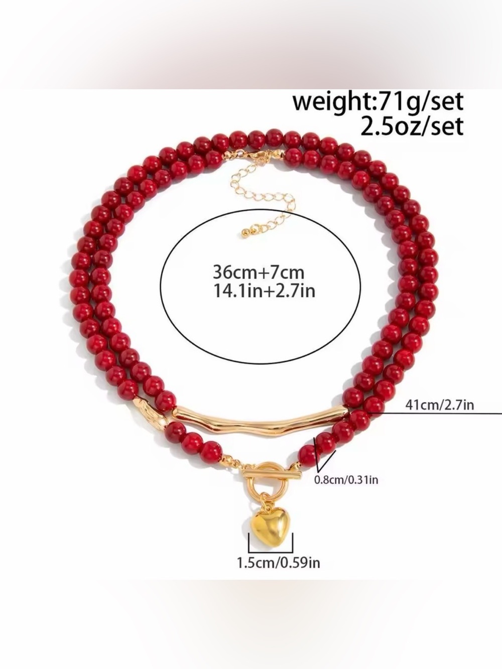 Red Beaded Double layer Set Necklace with Gold Heart Accent 2 necklaces - Picture 4 of 5